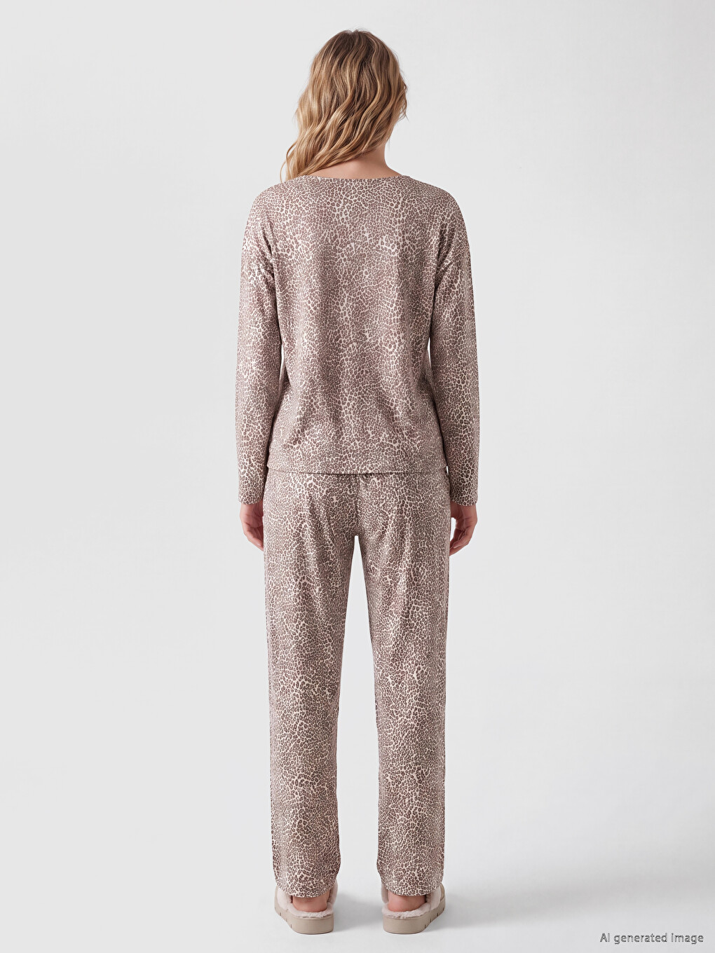 Ekru Leopar Desenli Kadın Pijama Takım-3