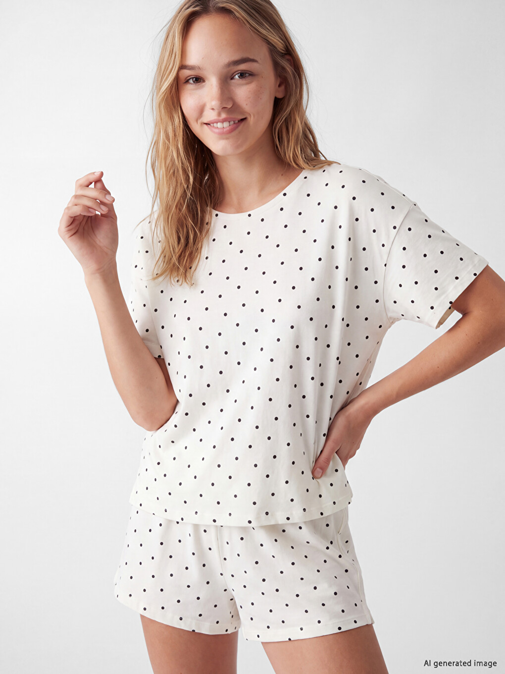 Ekru Puantiyeli Kadın Şortlu Pijama Takımı