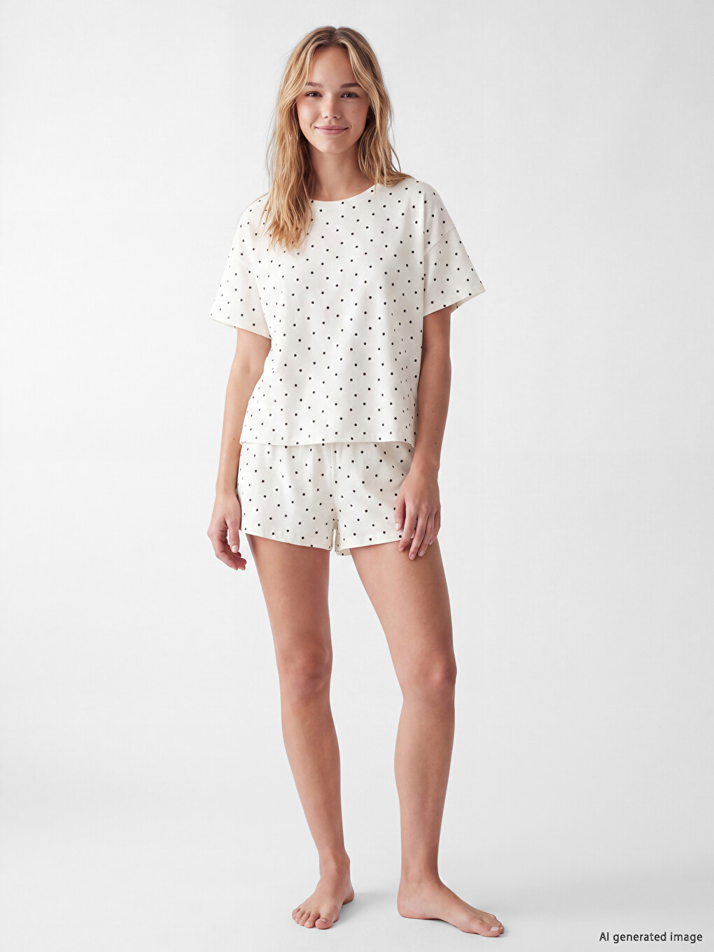 Ekru Puantiyeli Kadın Şortlu Pijama Takımı-1