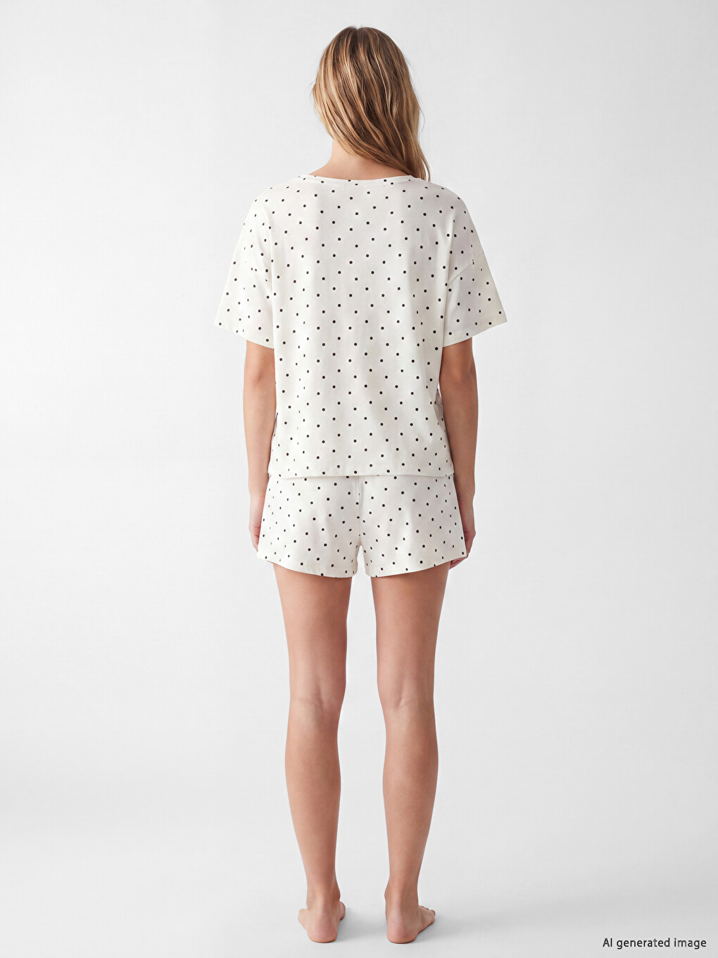 Ekru Puantiyeli Kadın Şortlu Pijama Takımı-3