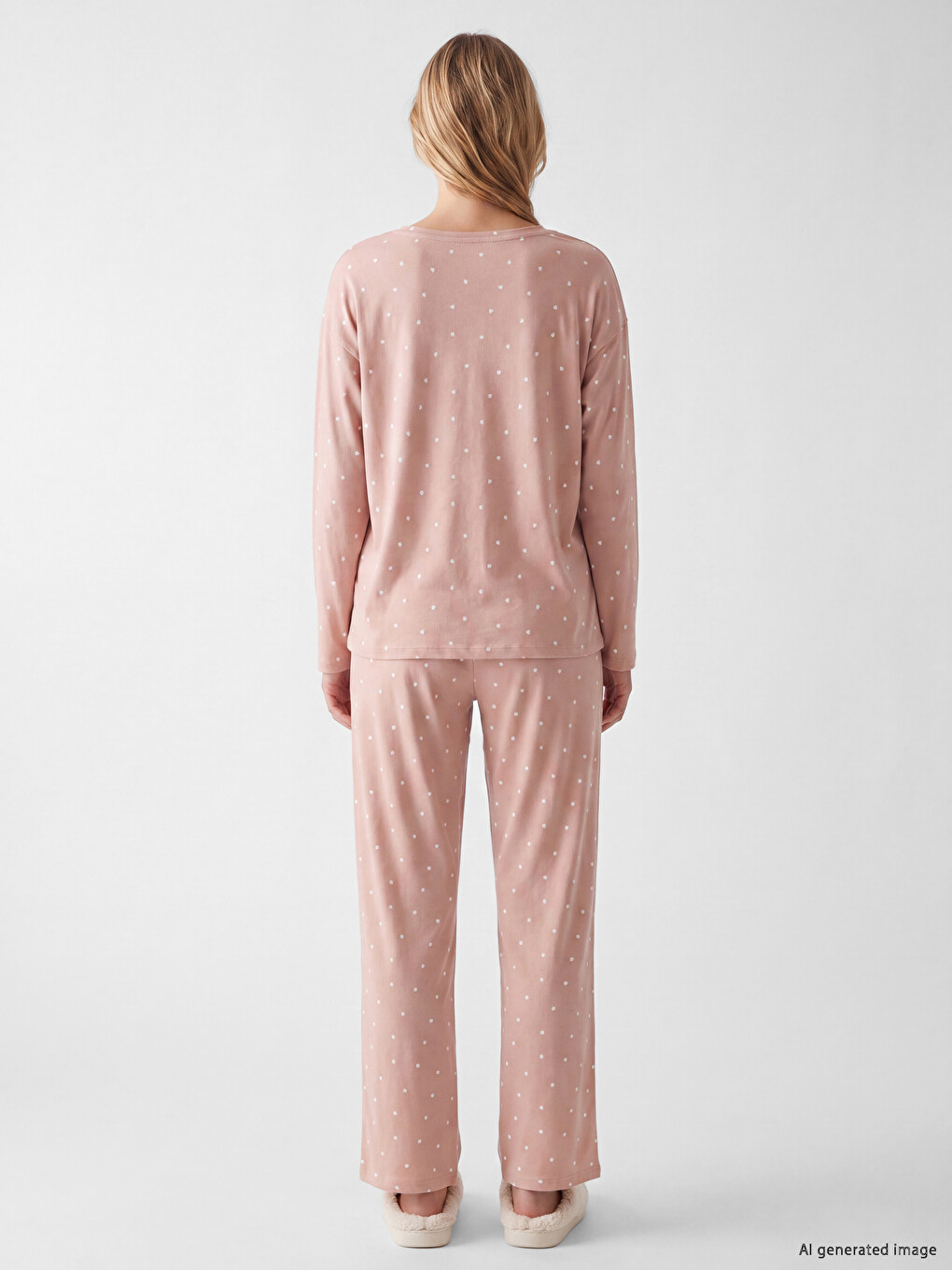 Bej Bisiklet Yaka Kalp Baskılı Kadın Pijama Takımı-3