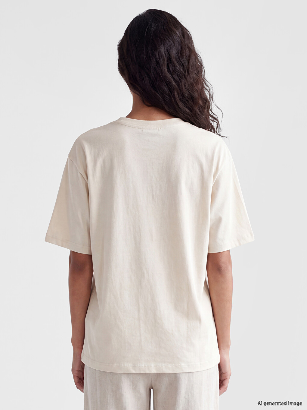 Bej %100 Pamuklu Oversize Kadın Tişört-3