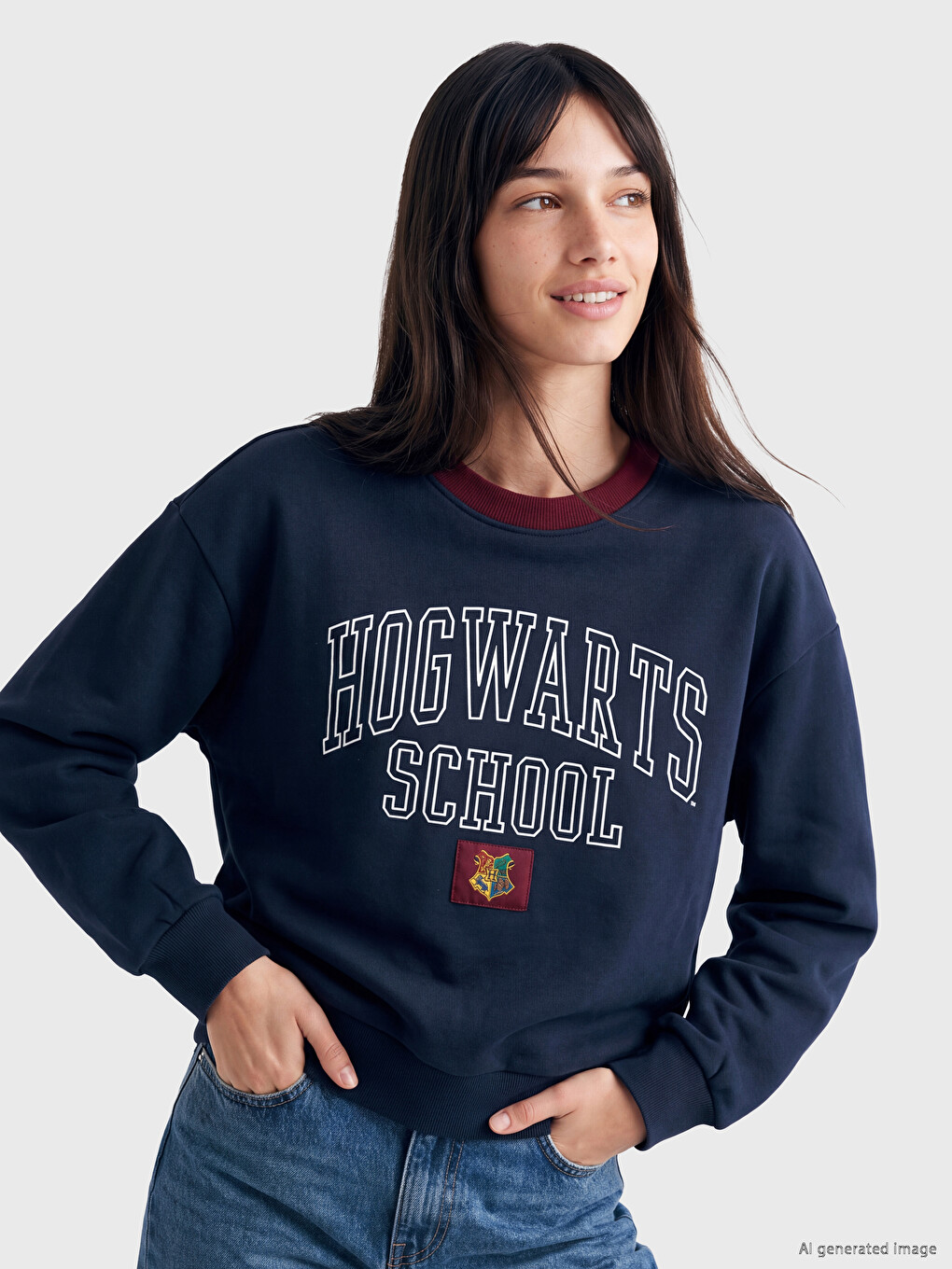 Lacivert Harry Potter Baskılı Oversize Kadın Sweatshirt-1