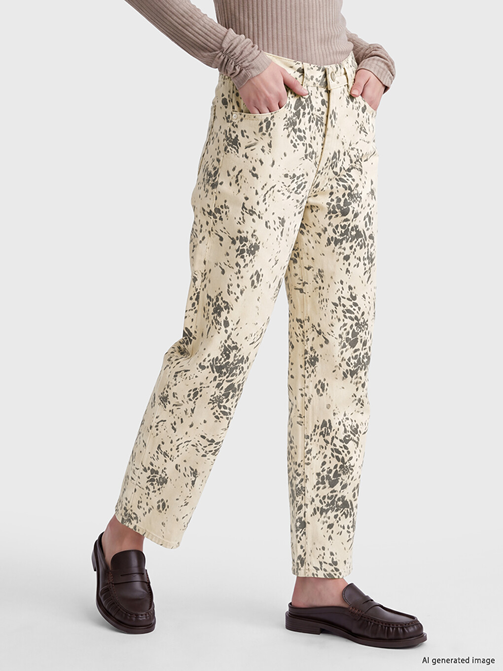 Kahverengi Barrel Fit Desenli Kadın Jean Pantolon-1