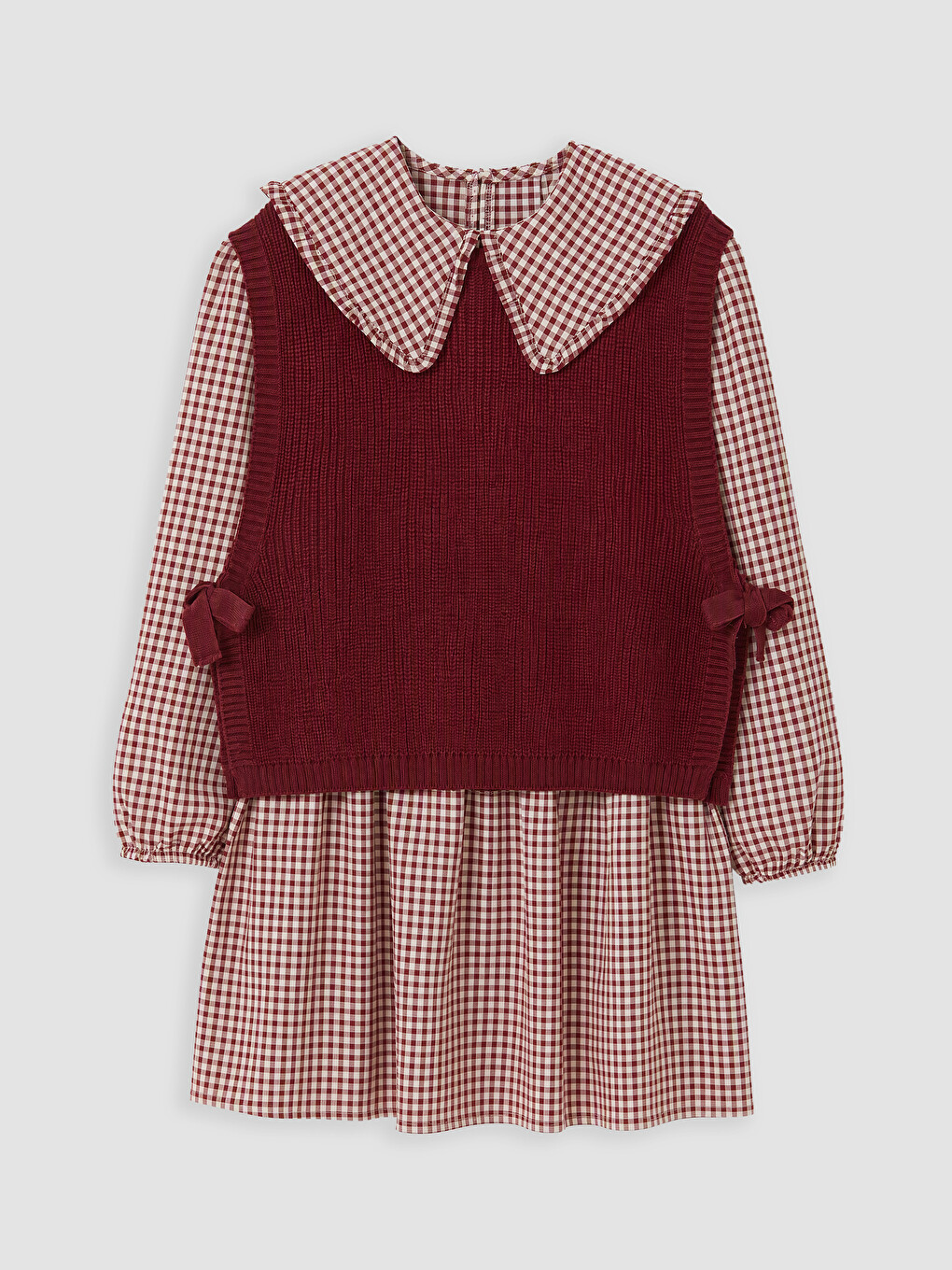 Bordo Ekose Kız Çocuk Elbise Ve Süveter