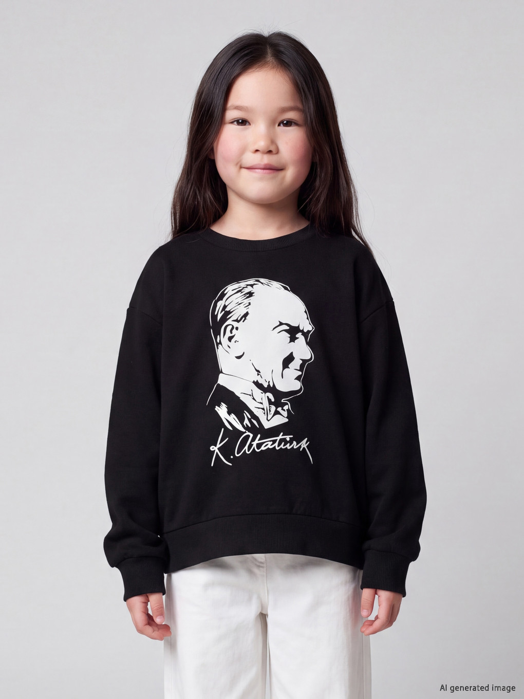 Siyah Atatürk Baskılı Kız Çocuk Kalın Sweatshirt