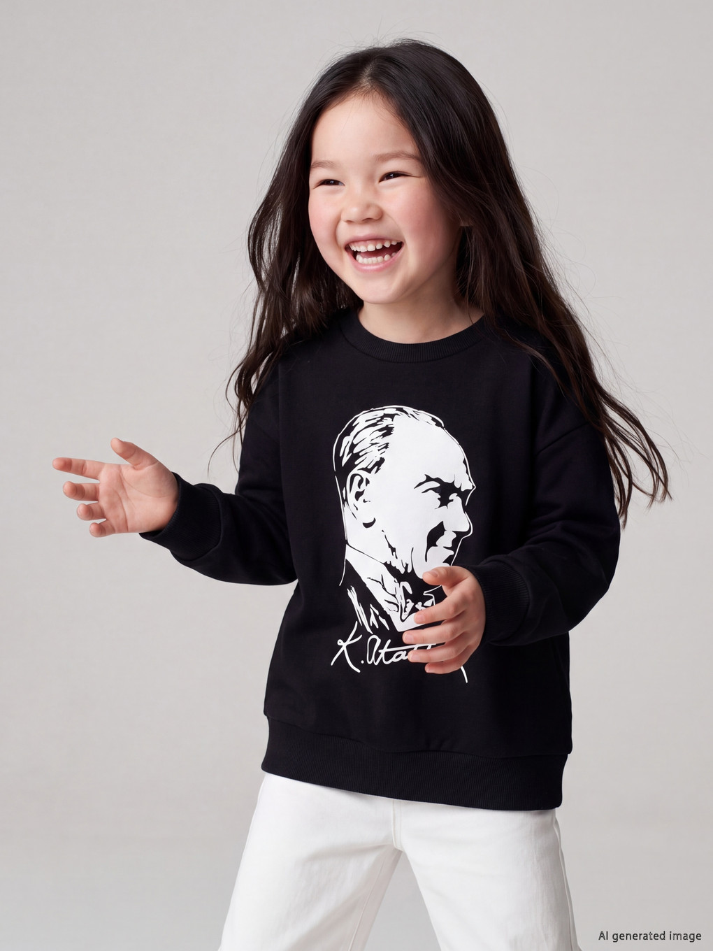 Siyah Atatürk Baskılı Kız Çocuk Kalın Sweatshirt-1
