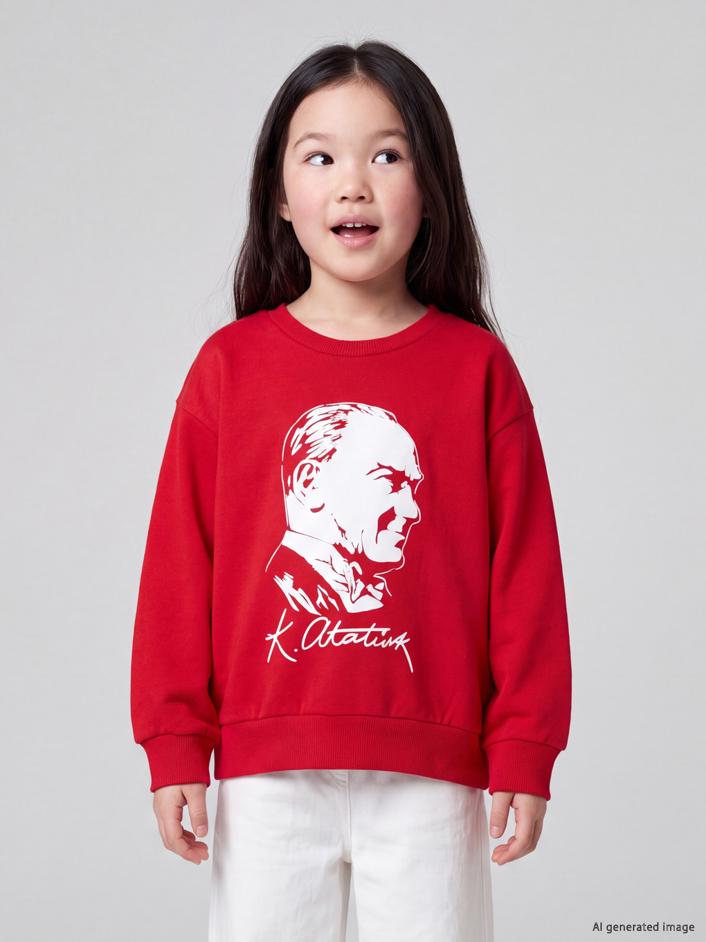 Kırmızı Atatürk Baskılı Kız Çocuk Kalın Sweatshirt-1
