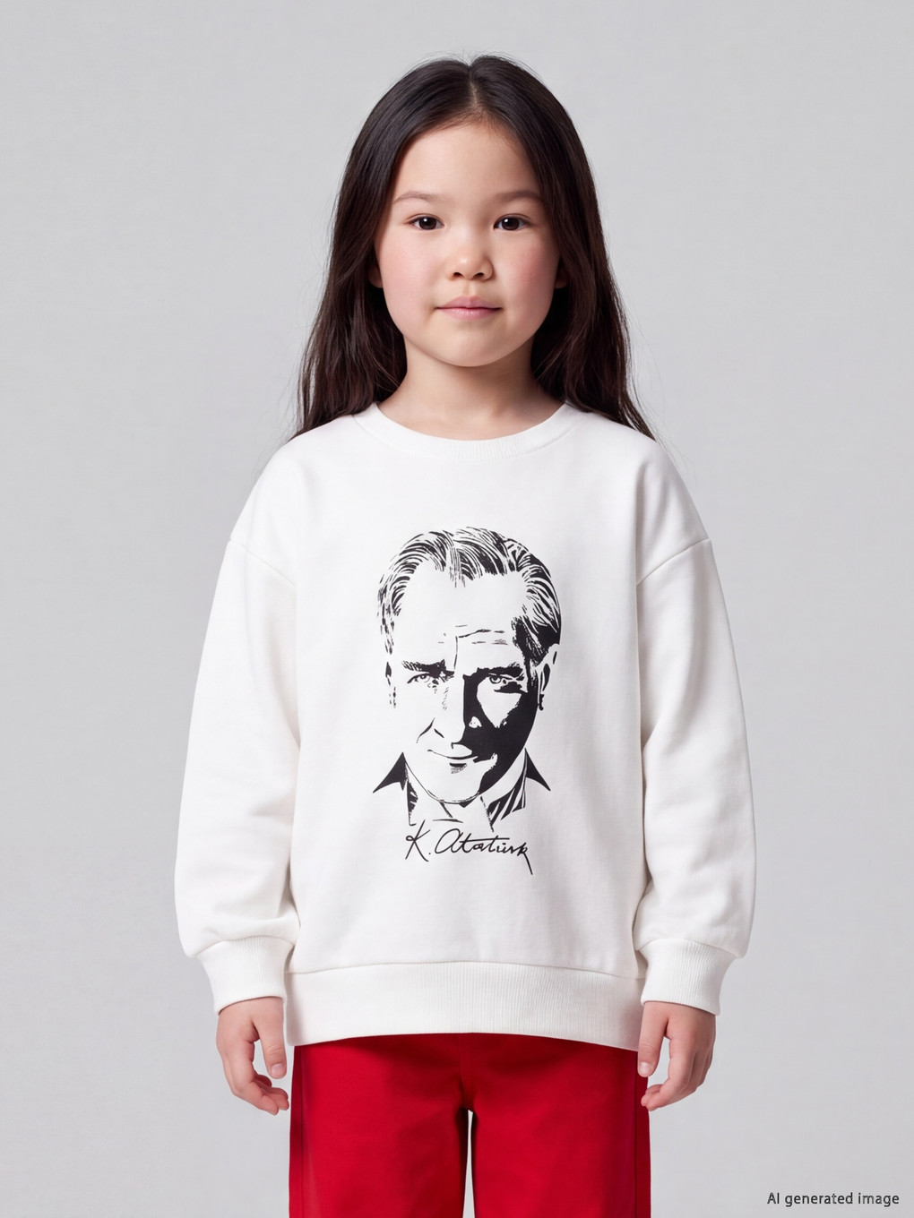 Beyaz Atatürk Baskılı Kız Çocuk Kalın Sweatshirt-1