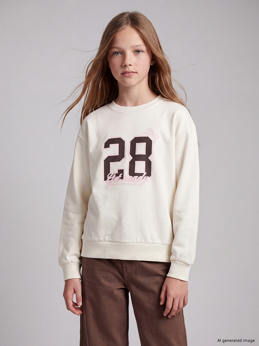 Ekru Baskılı Kız Çocuk Sweatshirt 2'li-2