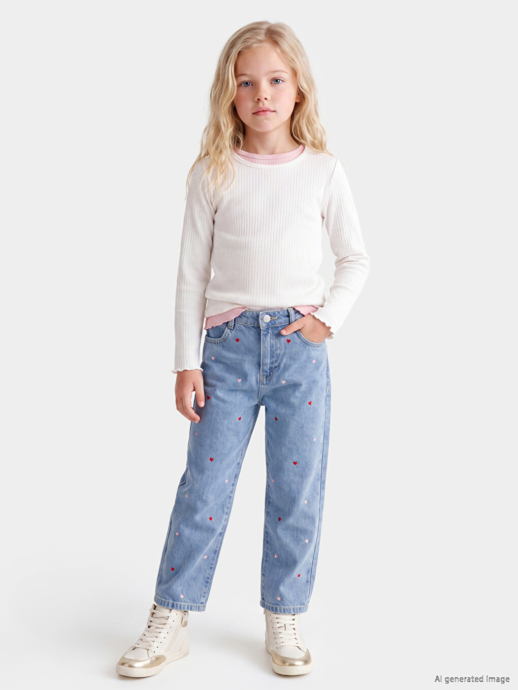 İndigo Straight Fit Nakışlı Kız Çocuk Jean Pantolon-1