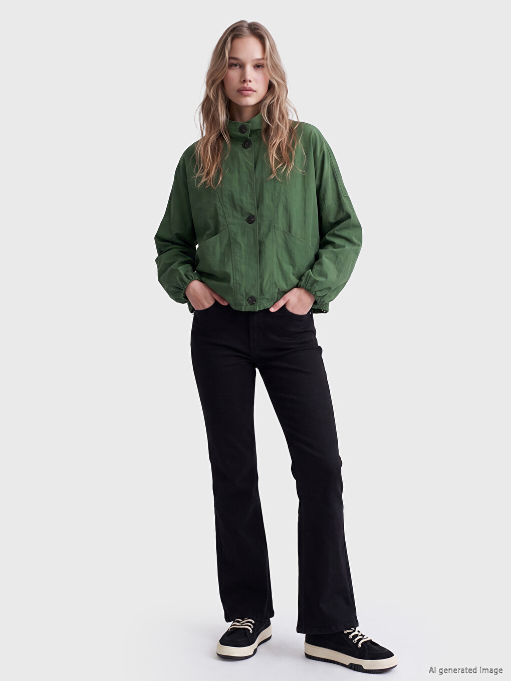 Yeşil Dik Yaka Oversize Kadın Mont-2