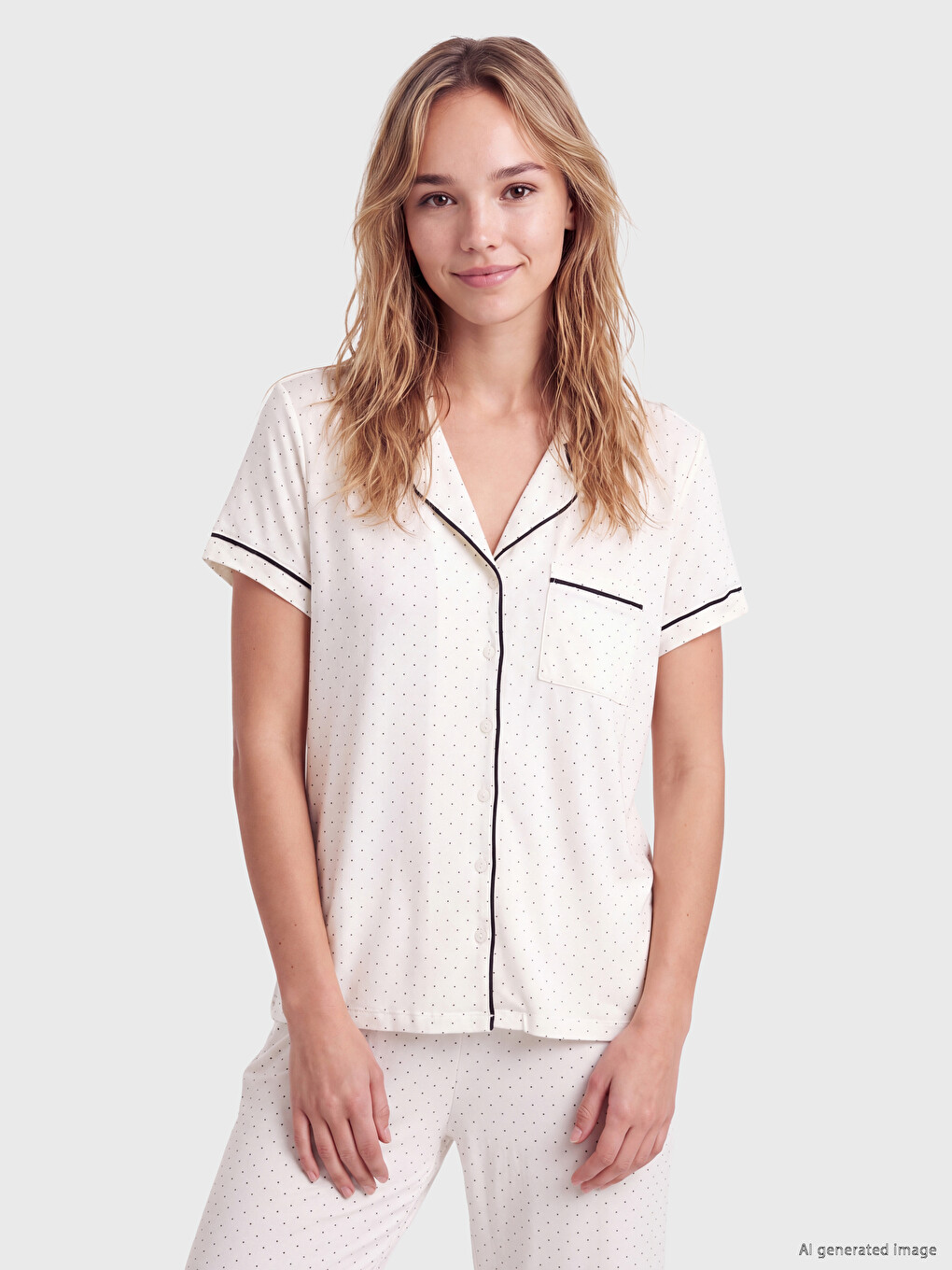 Ekru Gömlek Yaka Puantiyeli Pijama Takım-1