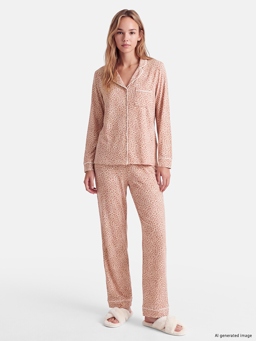 Bej Leopar Desenli Kadın Pijama Takım