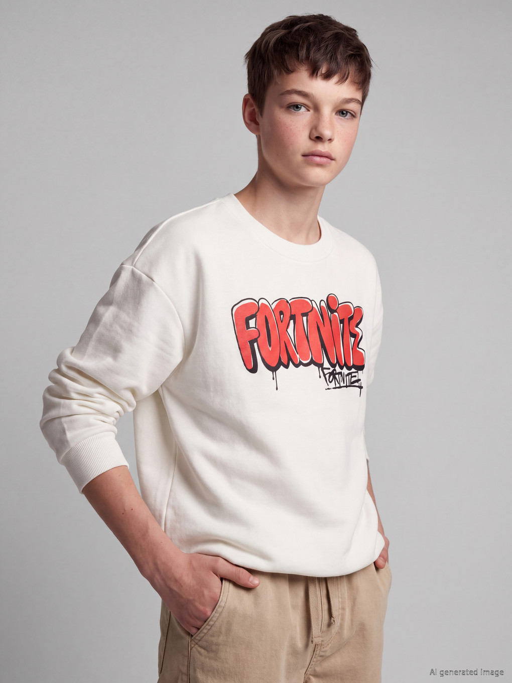 Beyaz Fortnite Baskılı Erkek Çocuk Sweatshirt-1