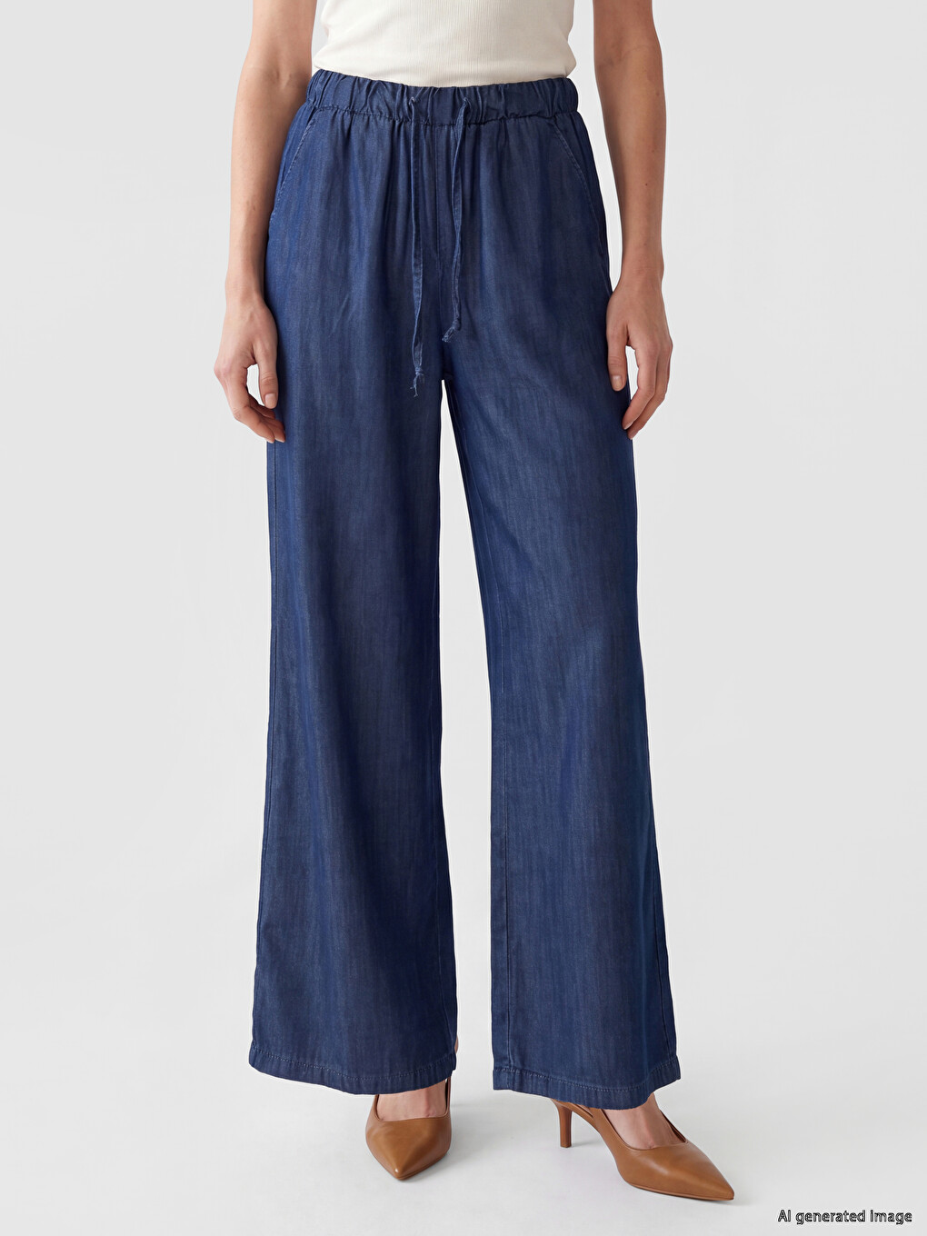 Siyah Beli Lastikli Wideleg Kadın Jean Pantolon-1