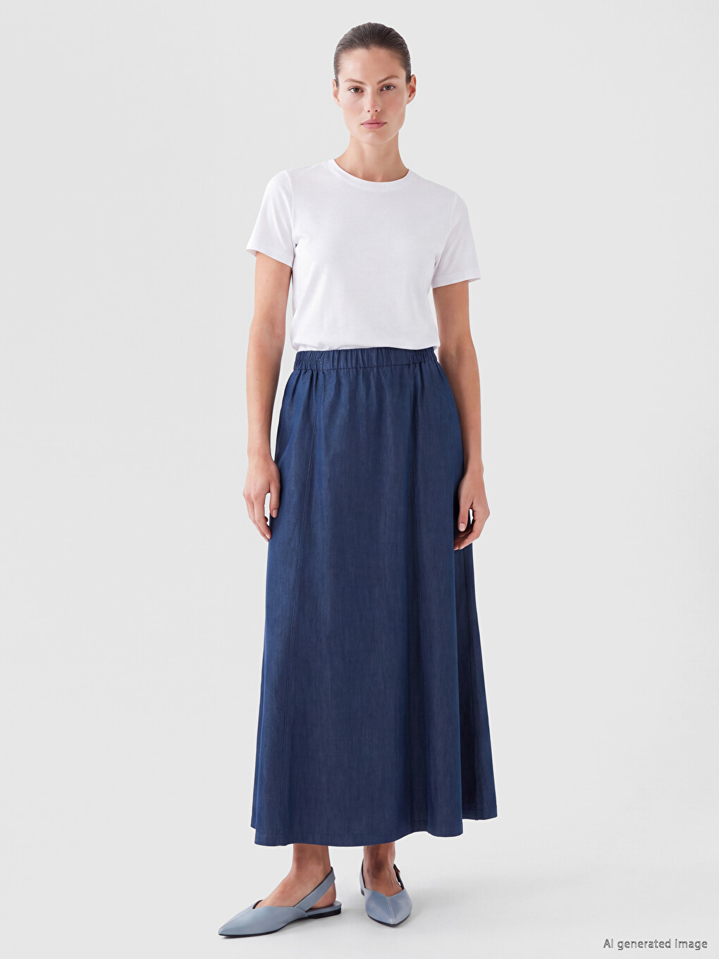 Elastic Waist Flared Denim Skirt