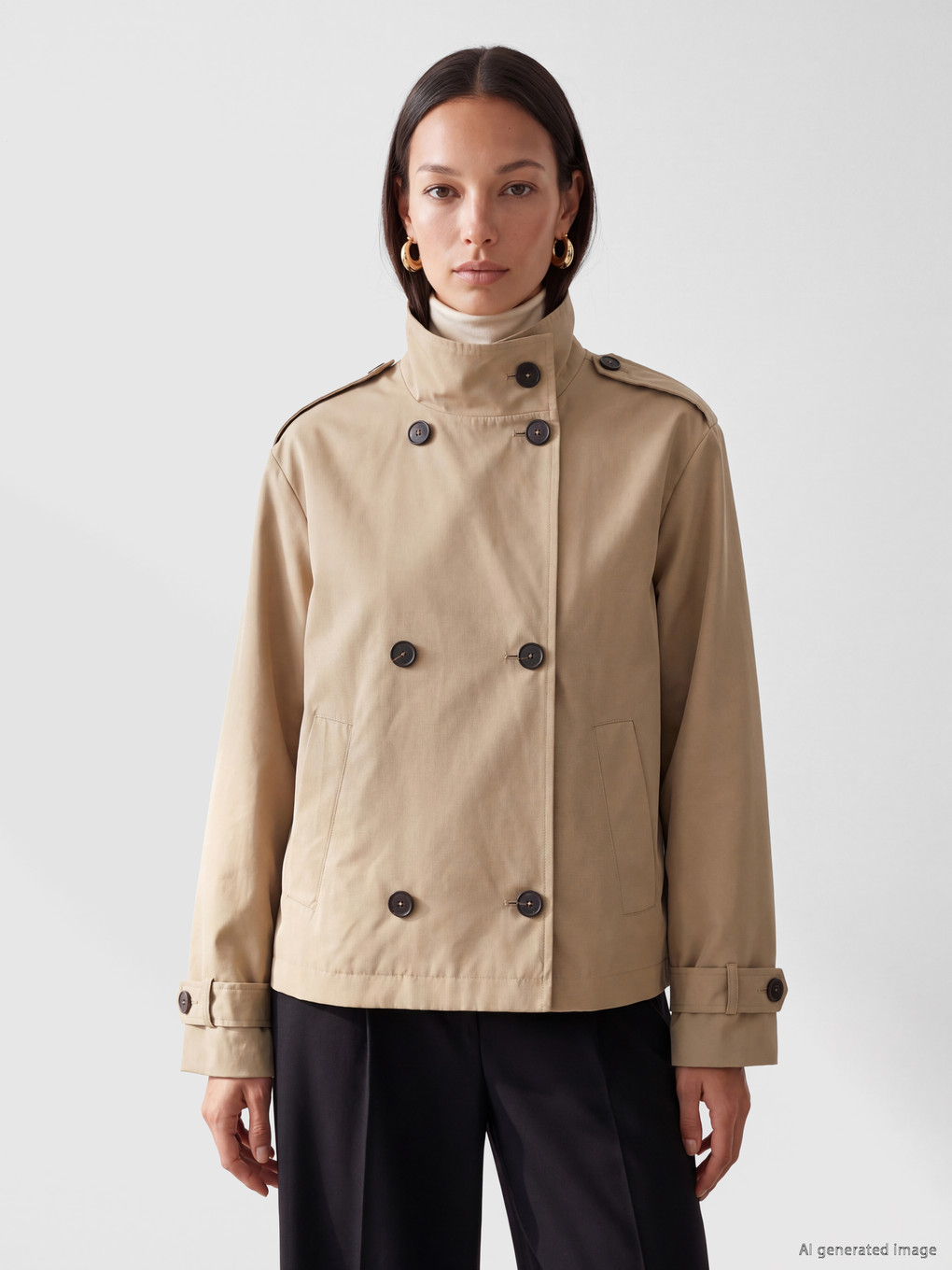 Mock Neck Double-breasted Women's Trench Coat-1
