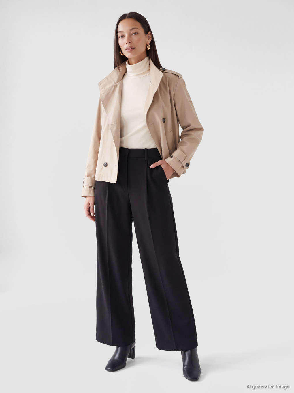 Mock Neck Double-breasted Women's Trench Coat-2