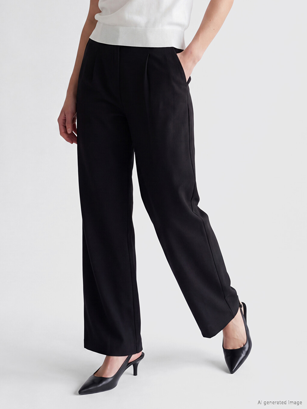 Siyah Loose Fit Kadın Pileli Kumaş Pantolon-1