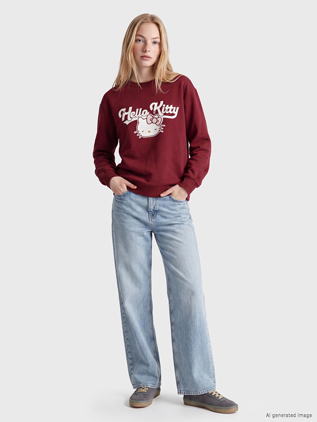 Hello Kitty Baskılı Oversize Kadın Kalın Sweatshirt-1