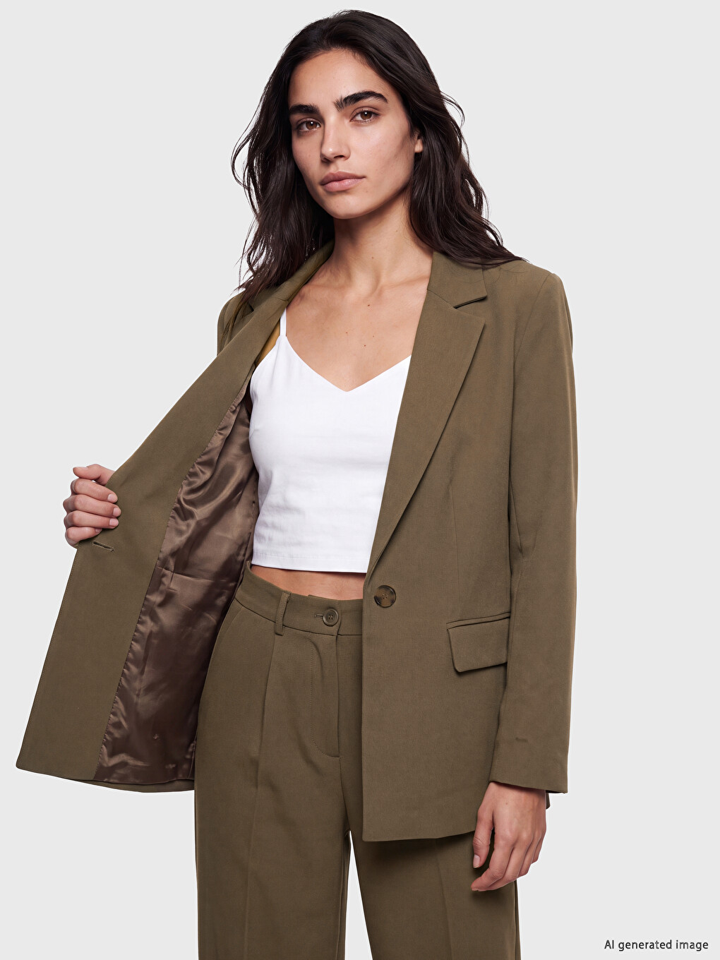 Haki Krep Kadın Blazer Ceket-2