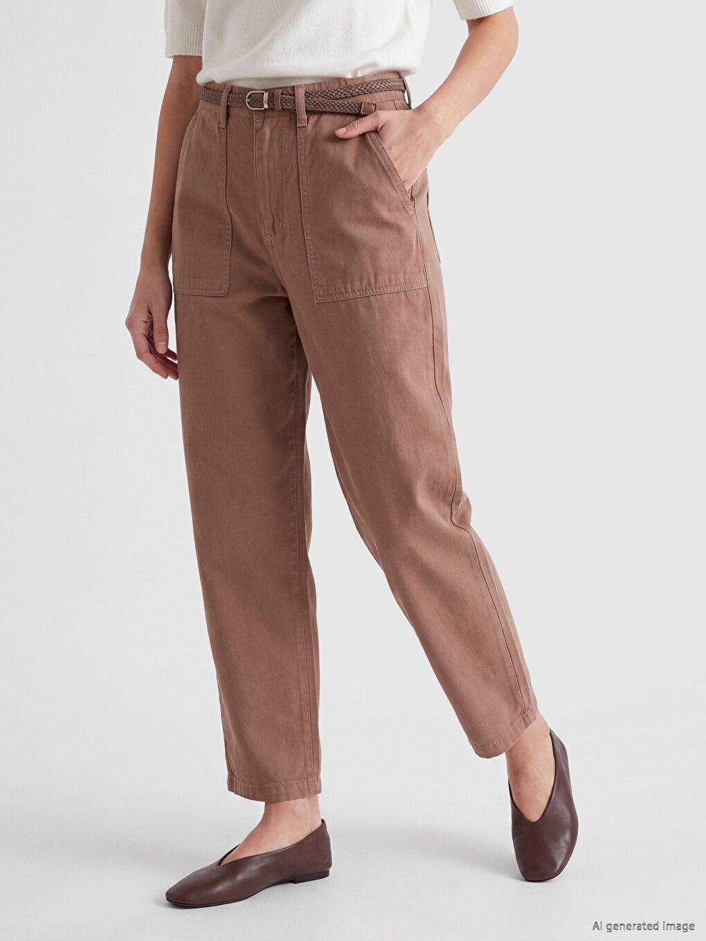 Kahverengi Kemerli Loose Fit Kadın Pantolon-1