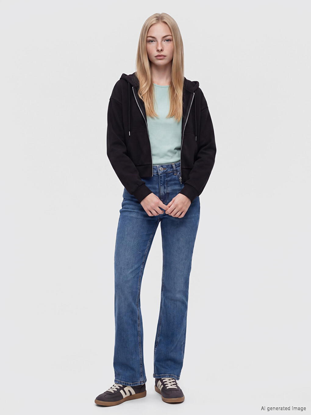 Siyah Kapüşonlu Kadın Fermuarlı Sweatshirt-1