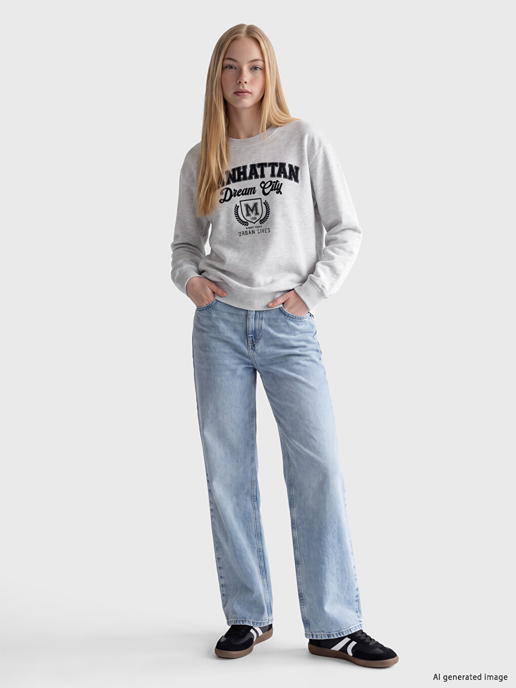 Gri Nakışlı Oversize Kadın Kalın Sweatshirt-1