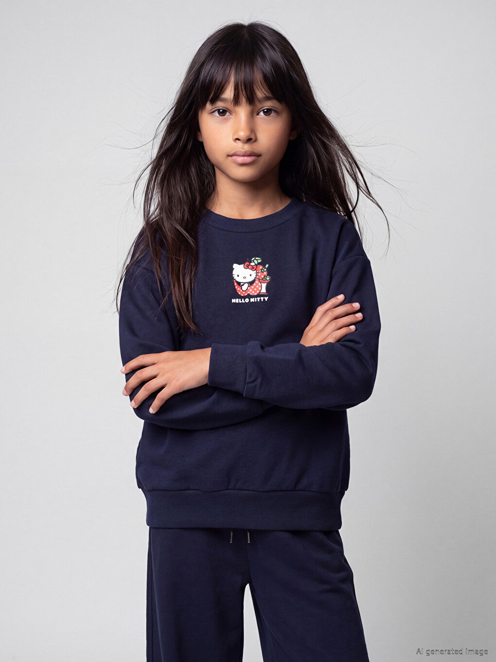 Lacivert Hello Kitty Baskılı Kız Çocuk Sweatshirt-1