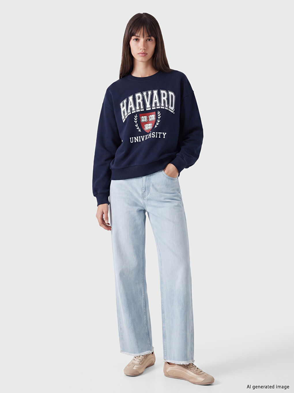 Lacivert Baskılı Oversize Kadın Kalın Sweatshirt-1