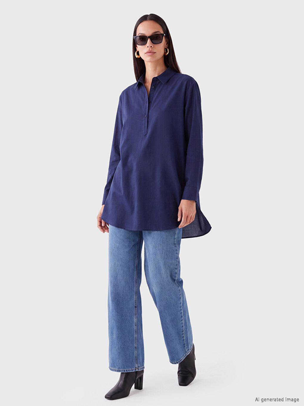 Lacivert Oversize Poplin Kadın Gömlek Tunik-1