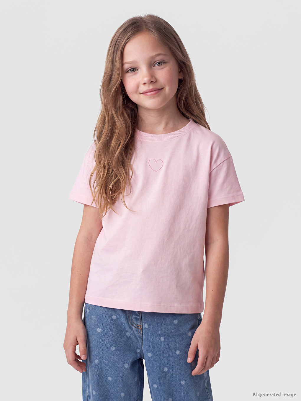 Heart Embroidered Girls' T-shirt