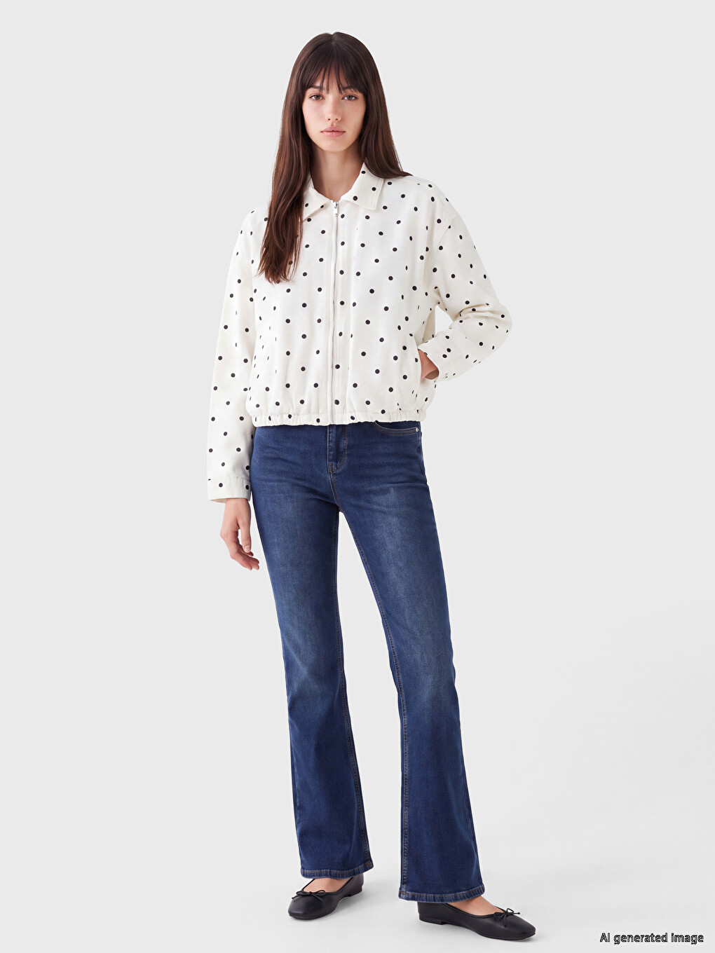 Beyaz Puantiyeli Oversize Kadın Jean Ceket-2