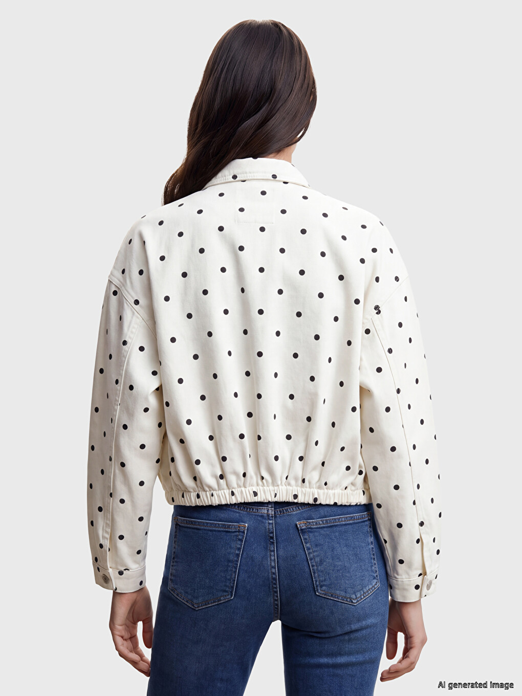 Beyaz Puantiyeli Oversize Kadın Jean Ceket-4