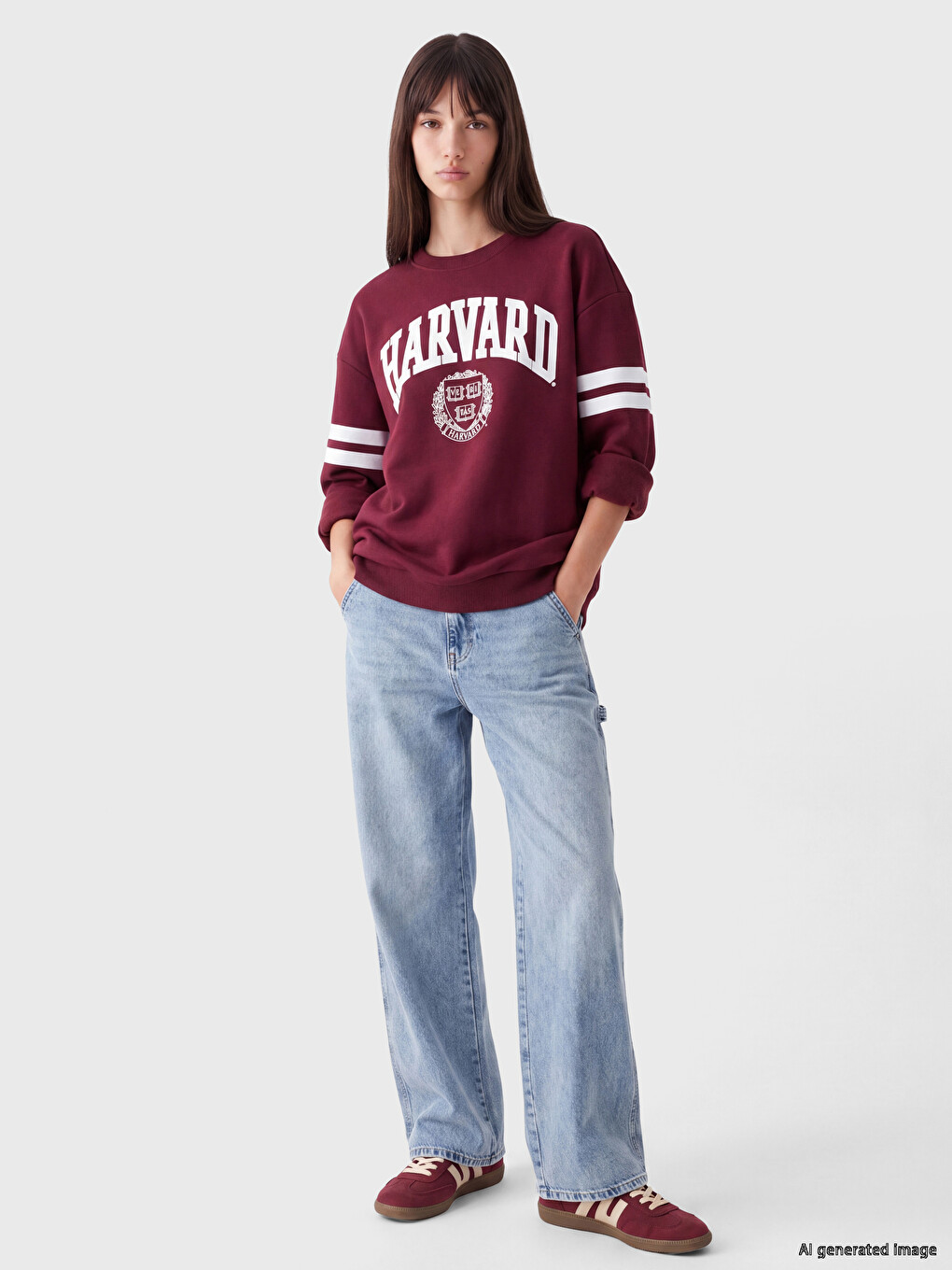 Bordo Harvard Baskılı Kadın Kalın Sweatshirt-1