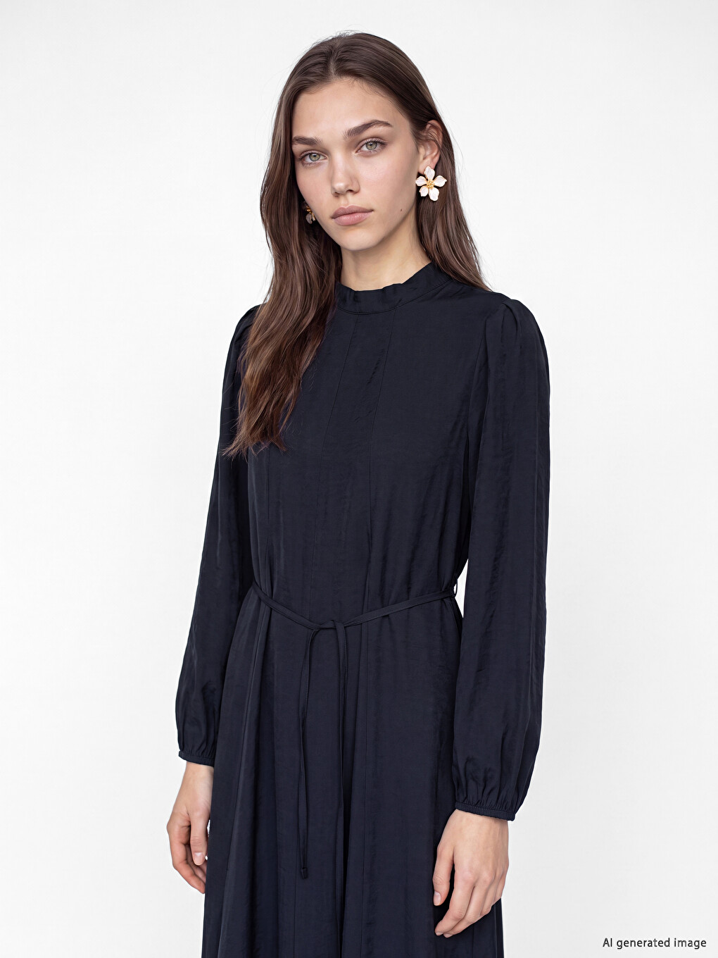 Mock Neck Sashed Modal Blended Dress-1