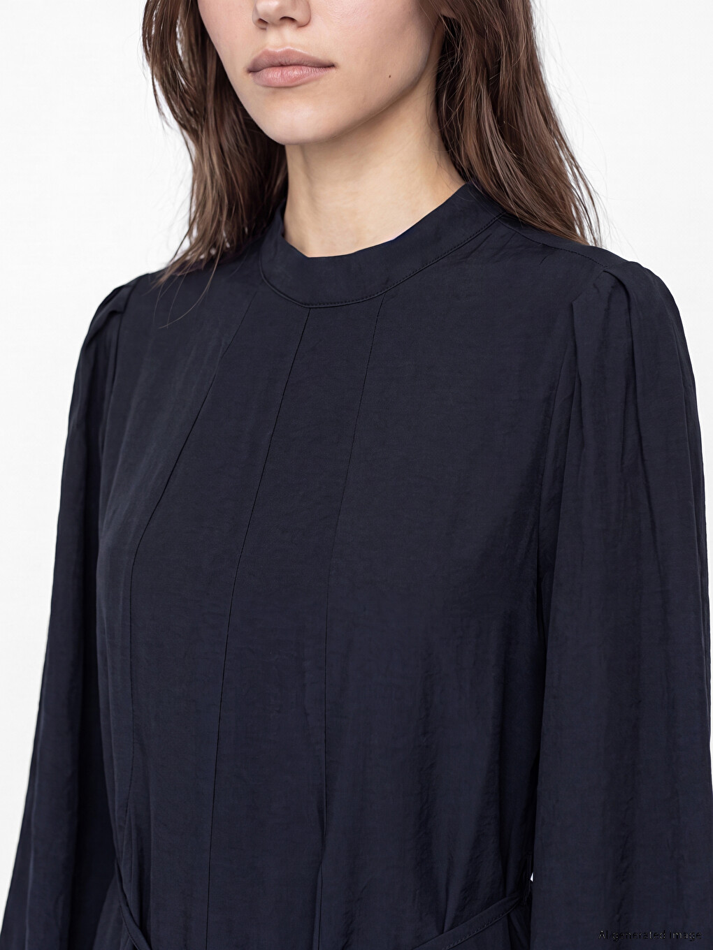 Mock Neck Sashed Modal Blended Dress-2