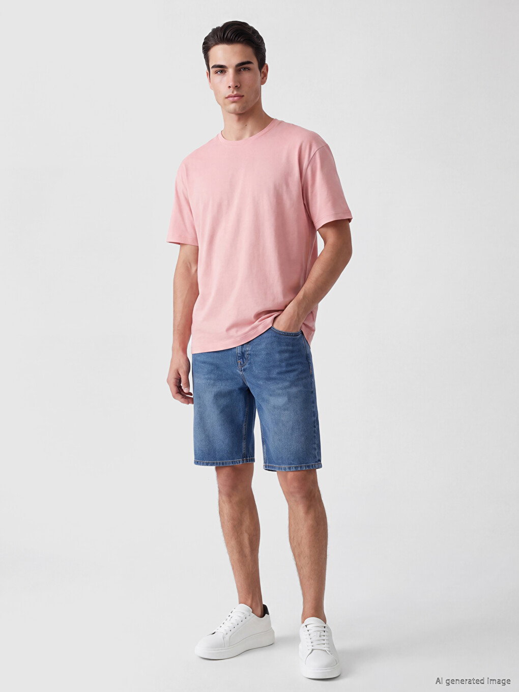 Pembe Bisiklet Yaka Erkek Penye Tişört-1