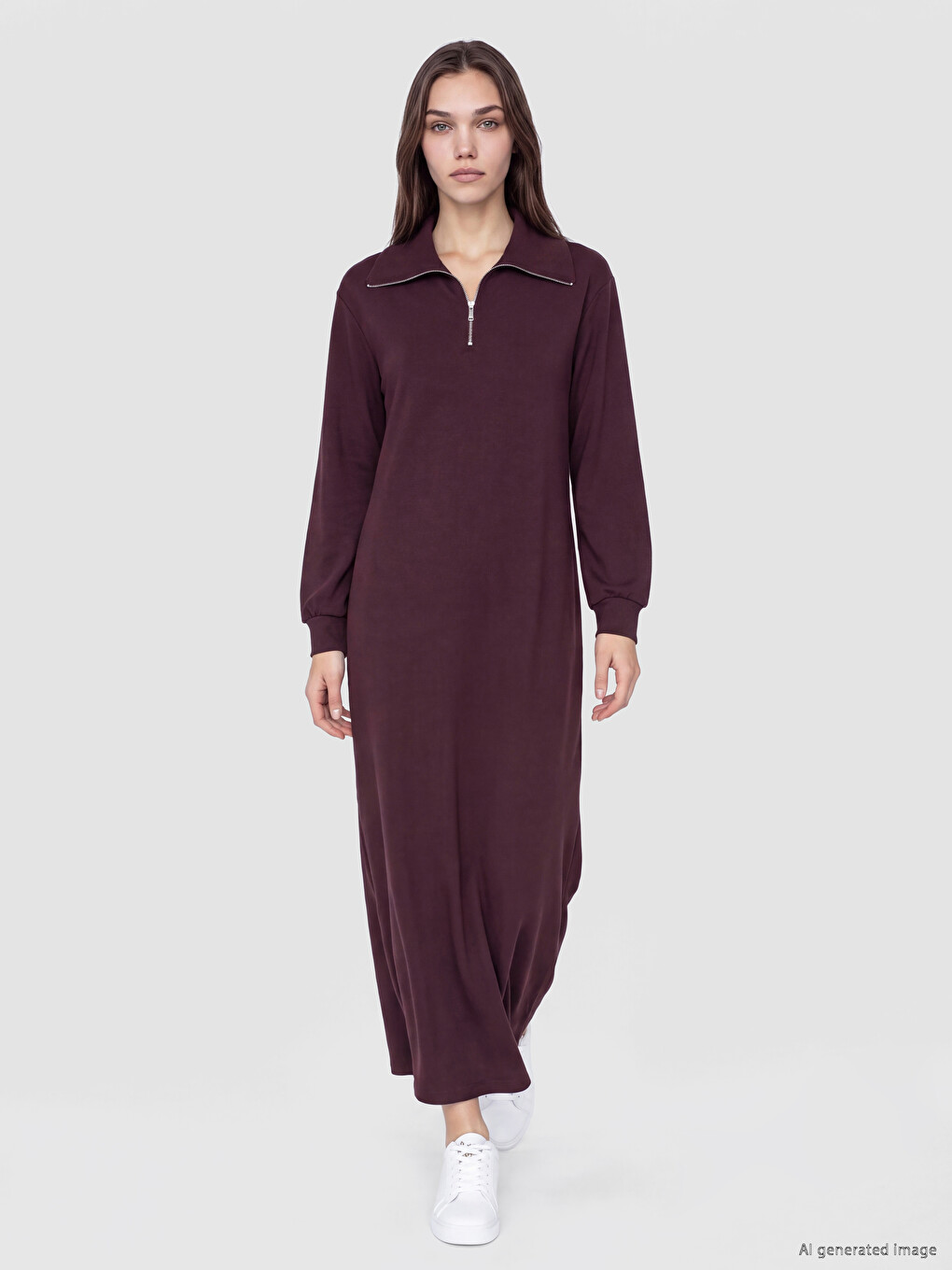 Bordo Dik Yaka A Kesim Sweat Elbise