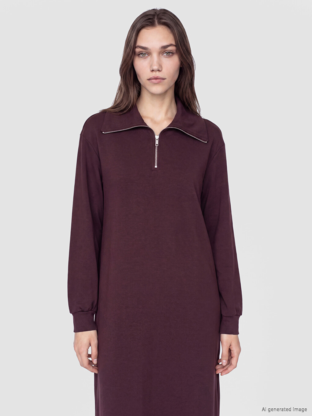 Bordo Dik Yaka A Kesim Sweat Elbise-1