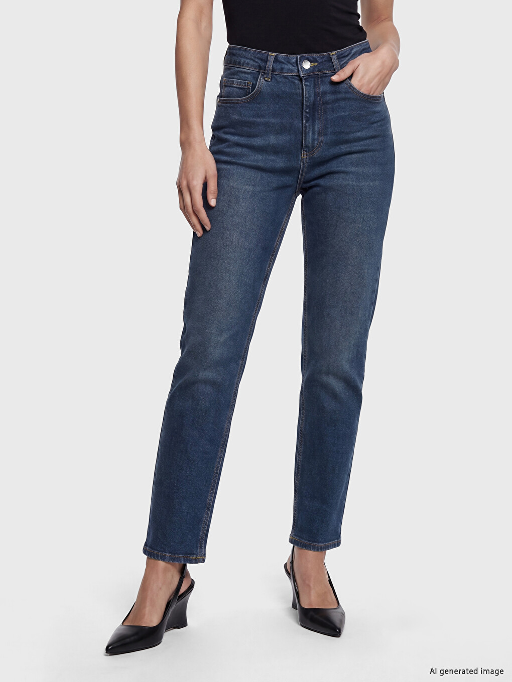İndigo Yüksek Bel Slim Fit Kadın Jean Pantolon-1