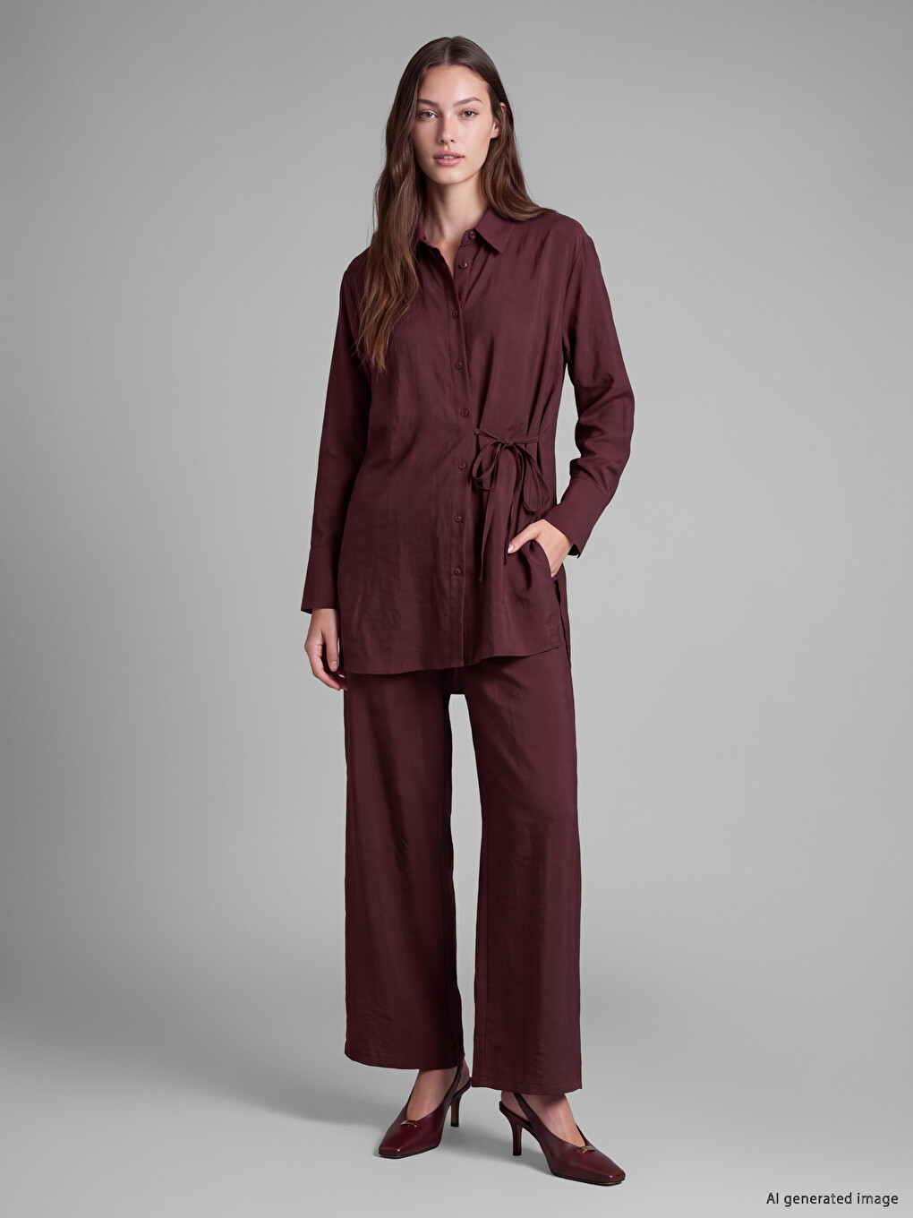 Bordo Beli Lastikli Modal Karışımlı Kadın Pantolon