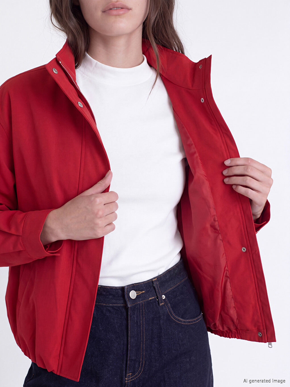 Kırmızı Dik Yaka Oversize Kadın Yağmurluk-3