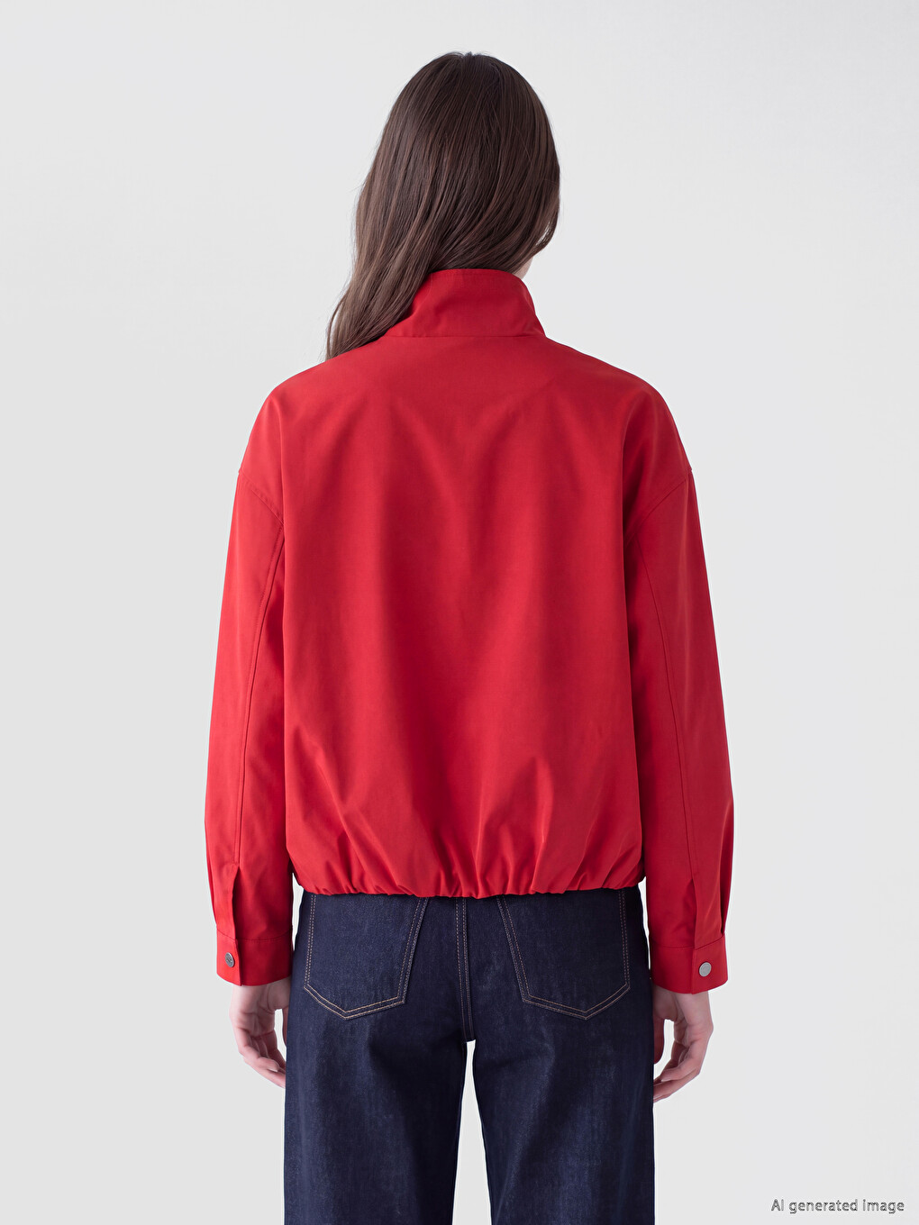 Kırmızı Dik Yaka Oversize Kadın Yağmurluk-4