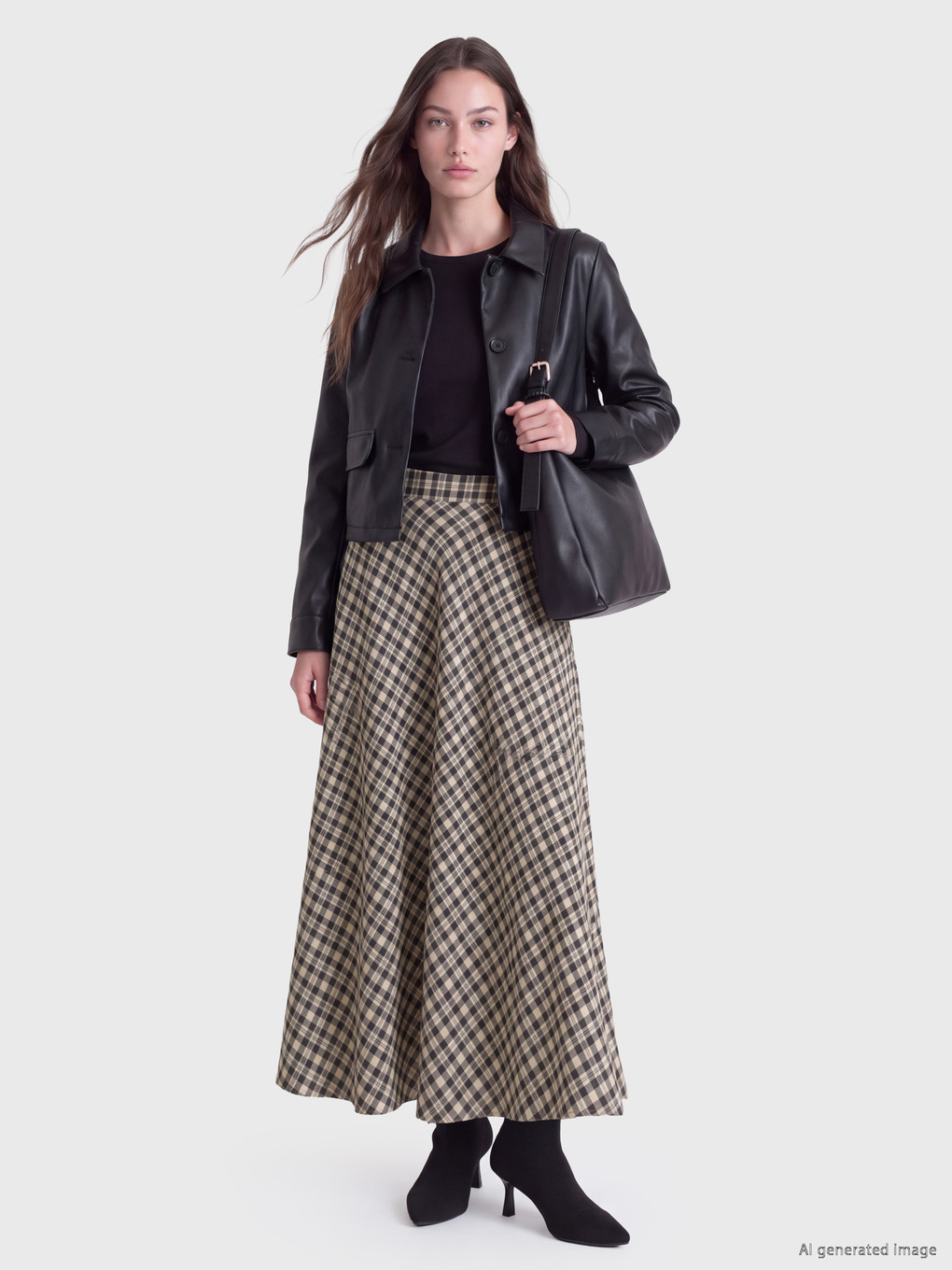  Zippered Plaid Flared Skirt