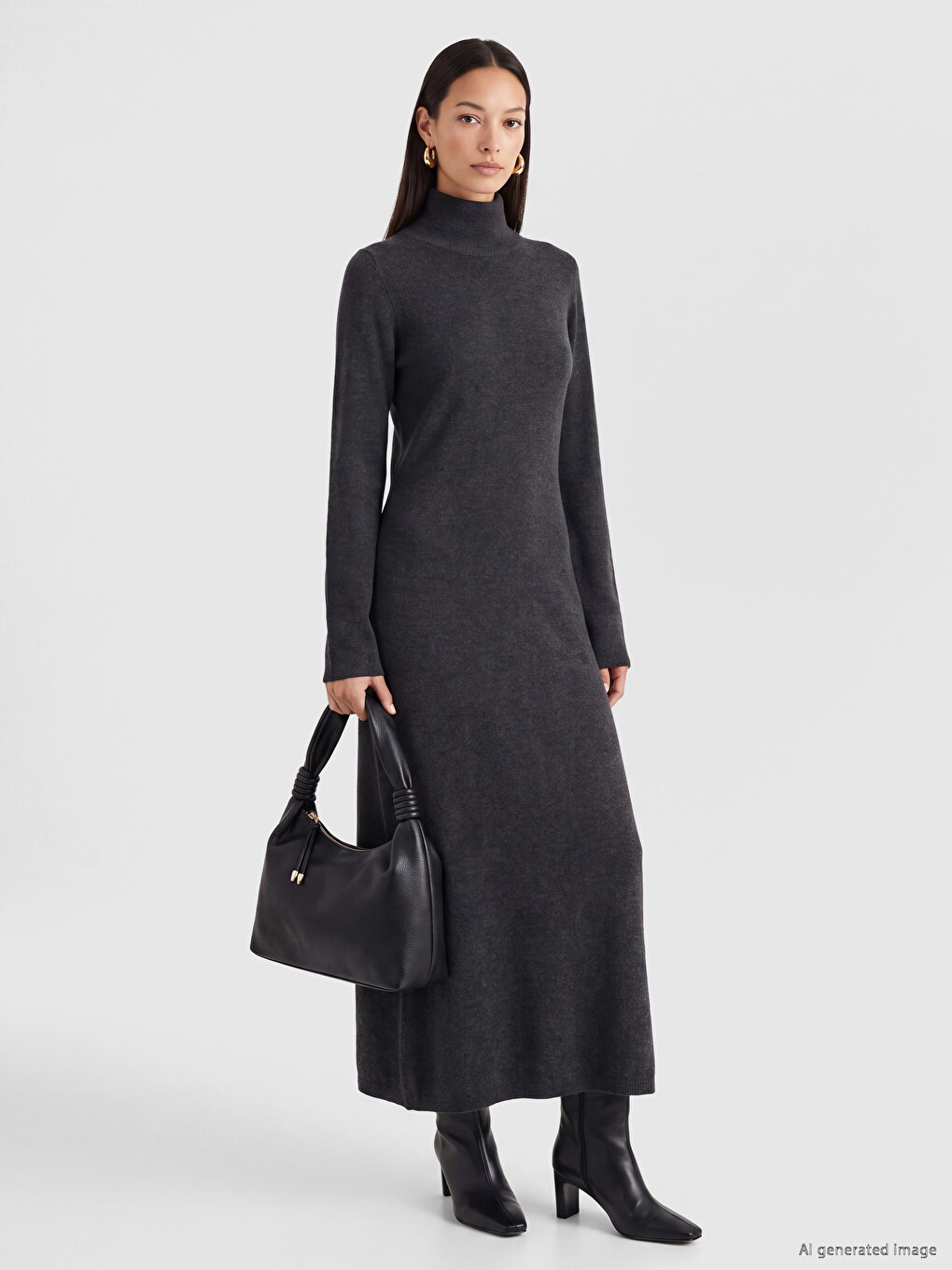 Mock Turtleneck A-line Knitwear Dress-1