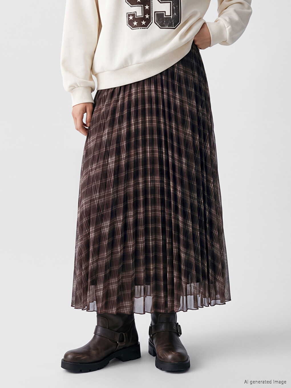 Elastic Waist Plaid A-line Chiffon Skirt-1