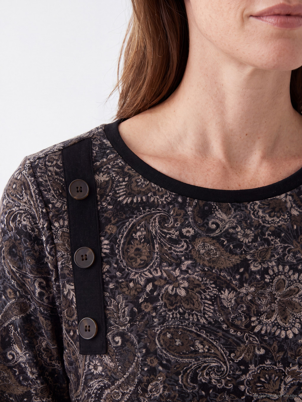 Kahverengi Bisiklet Yaka Desenli Kadın Tişört-2