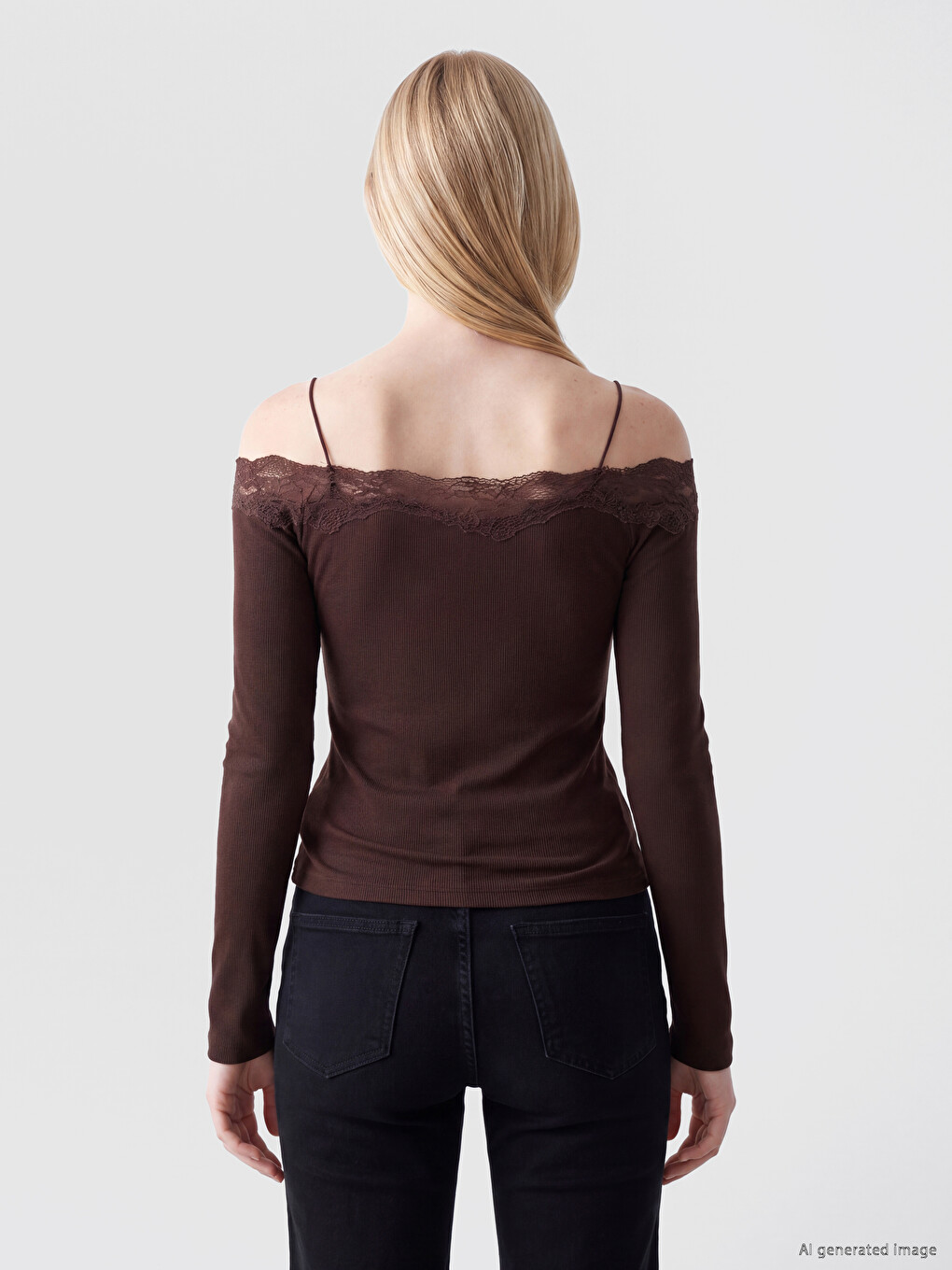Kahverengi İp Askılı Dantelli Bluz-3